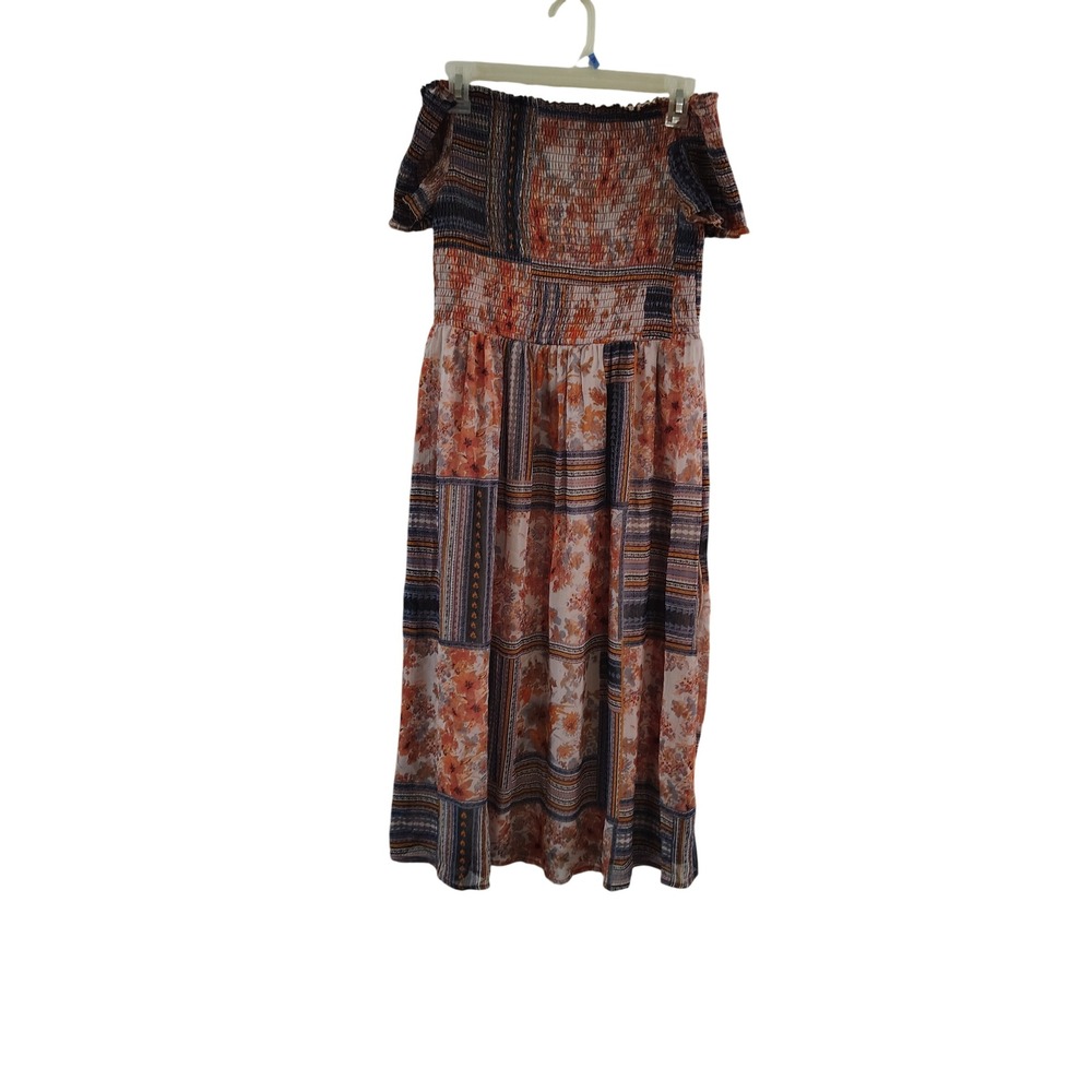 Xhilaration Womens Boho Smocked Patchwork Floral Off Shoulder‎ Midi Dress Medium